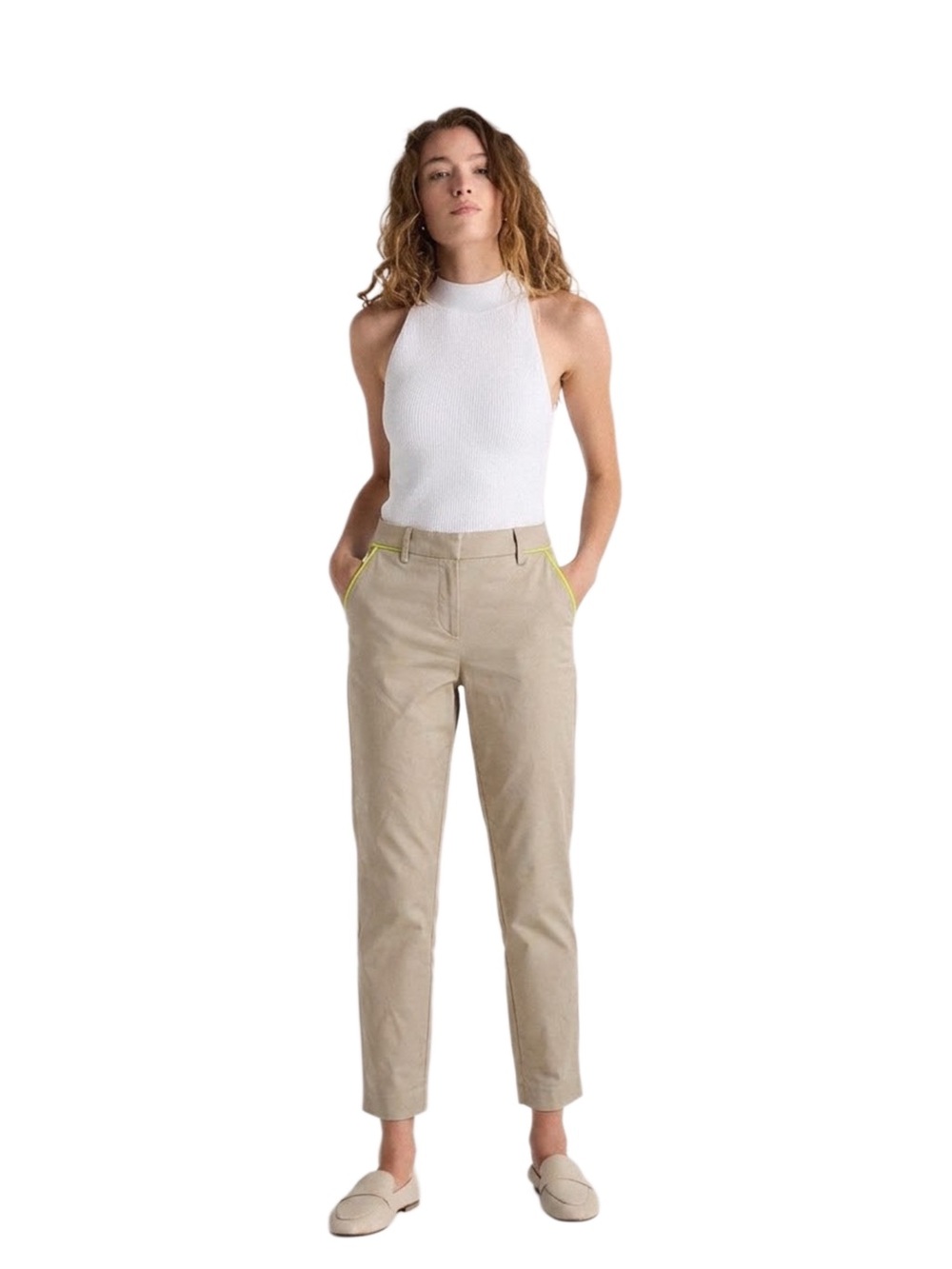 Sandro Paris Cropped Chino Trouser Neon Yellow Piping — Khaki — Size 4